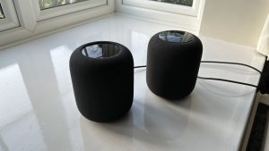 Voice assistant speaker on a living room table