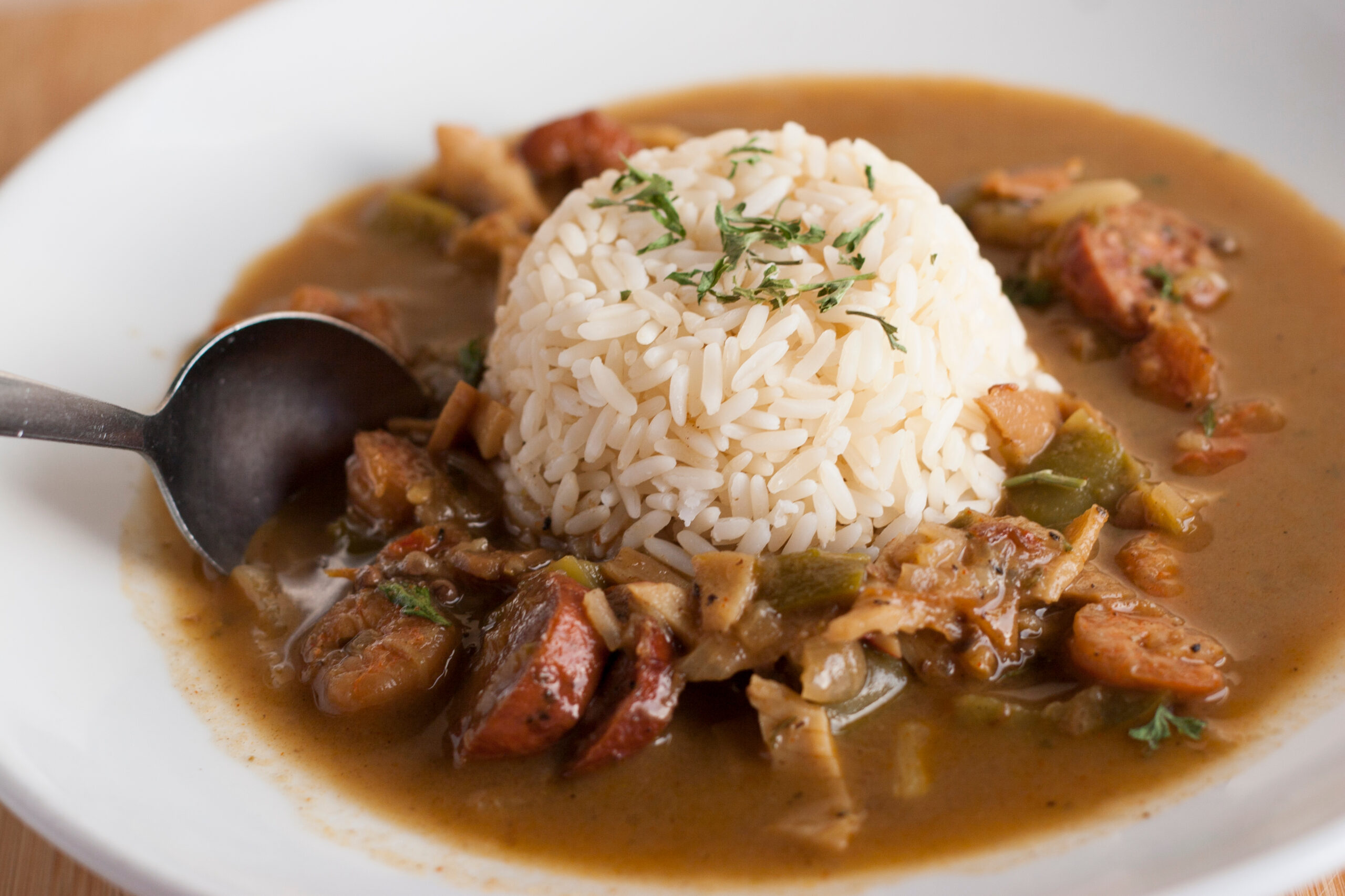 Louisiana gumbo with meats, seafood, and okra in a pot