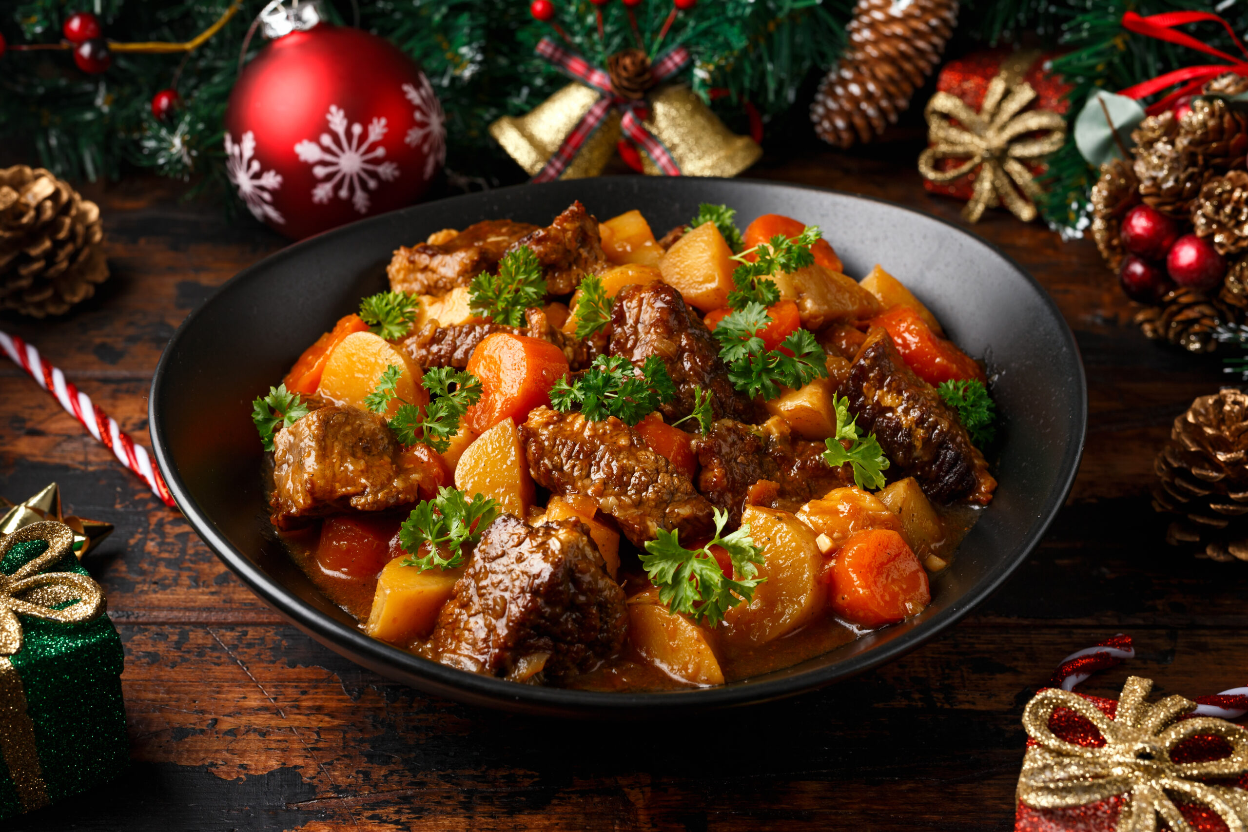 Beef stew with tender beef and vegetables in a pot