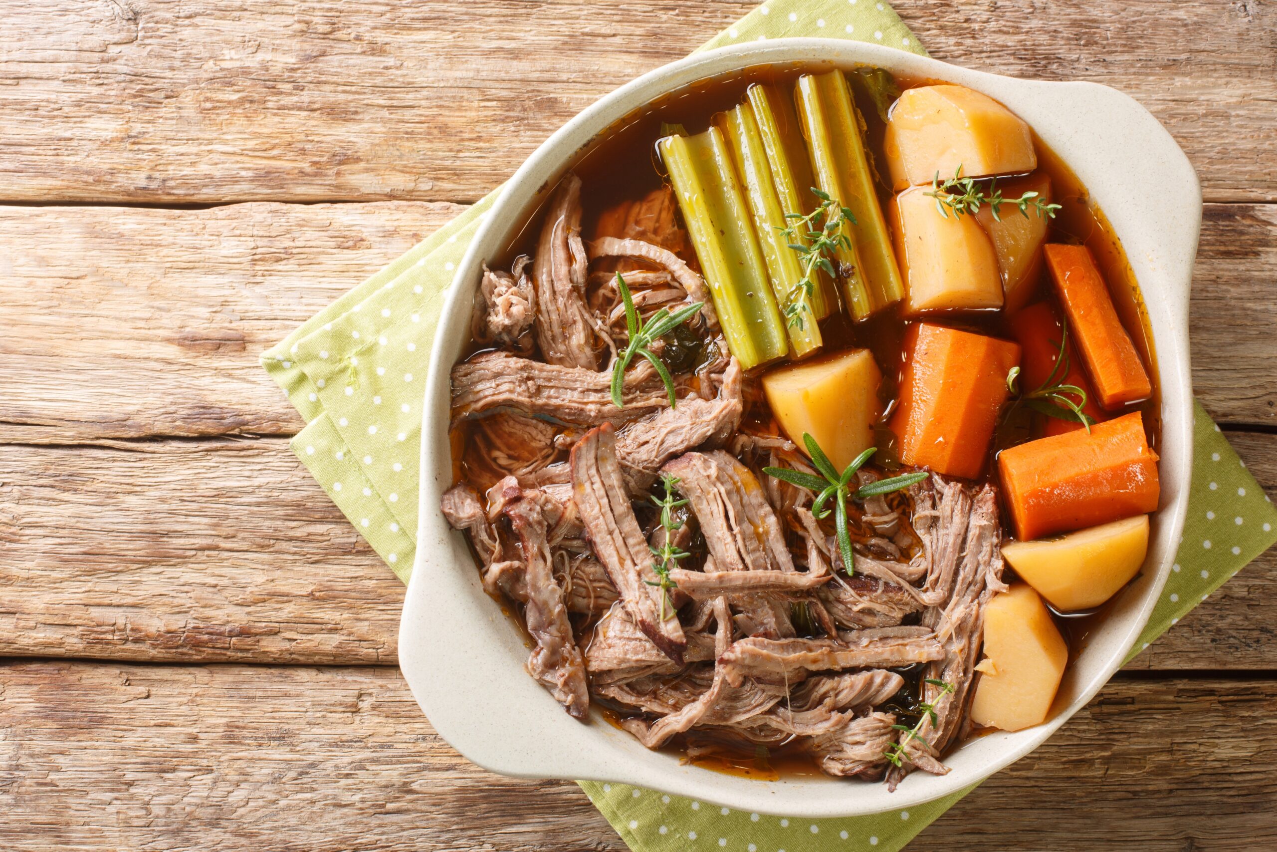 Pot roast with beef, potatoes, carrots, and onions